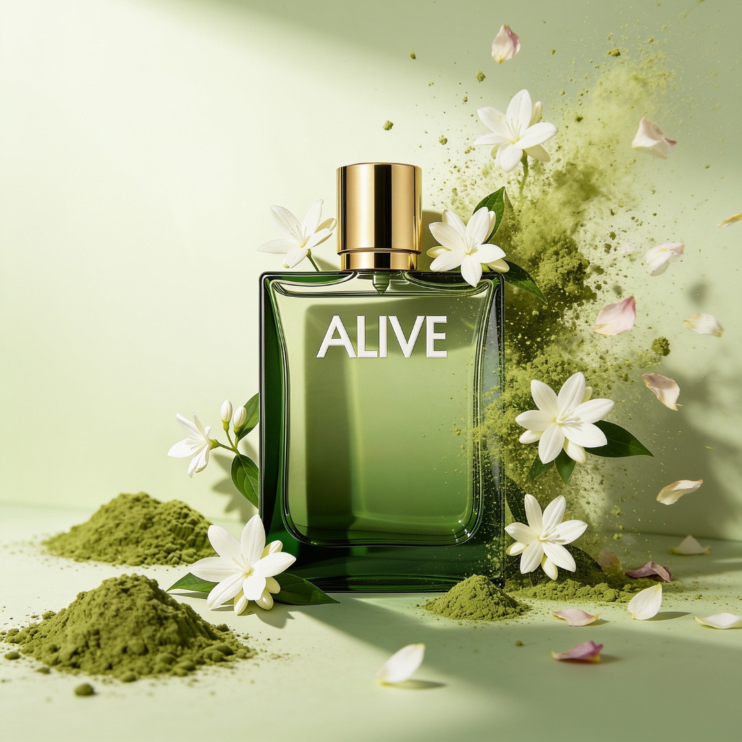 Boss Alive Origins by Hugo Boss packshot with jasmine flowers and matcha powder, ScentLab Coffee Break trend TrendStudio Edition 2 by WSSC