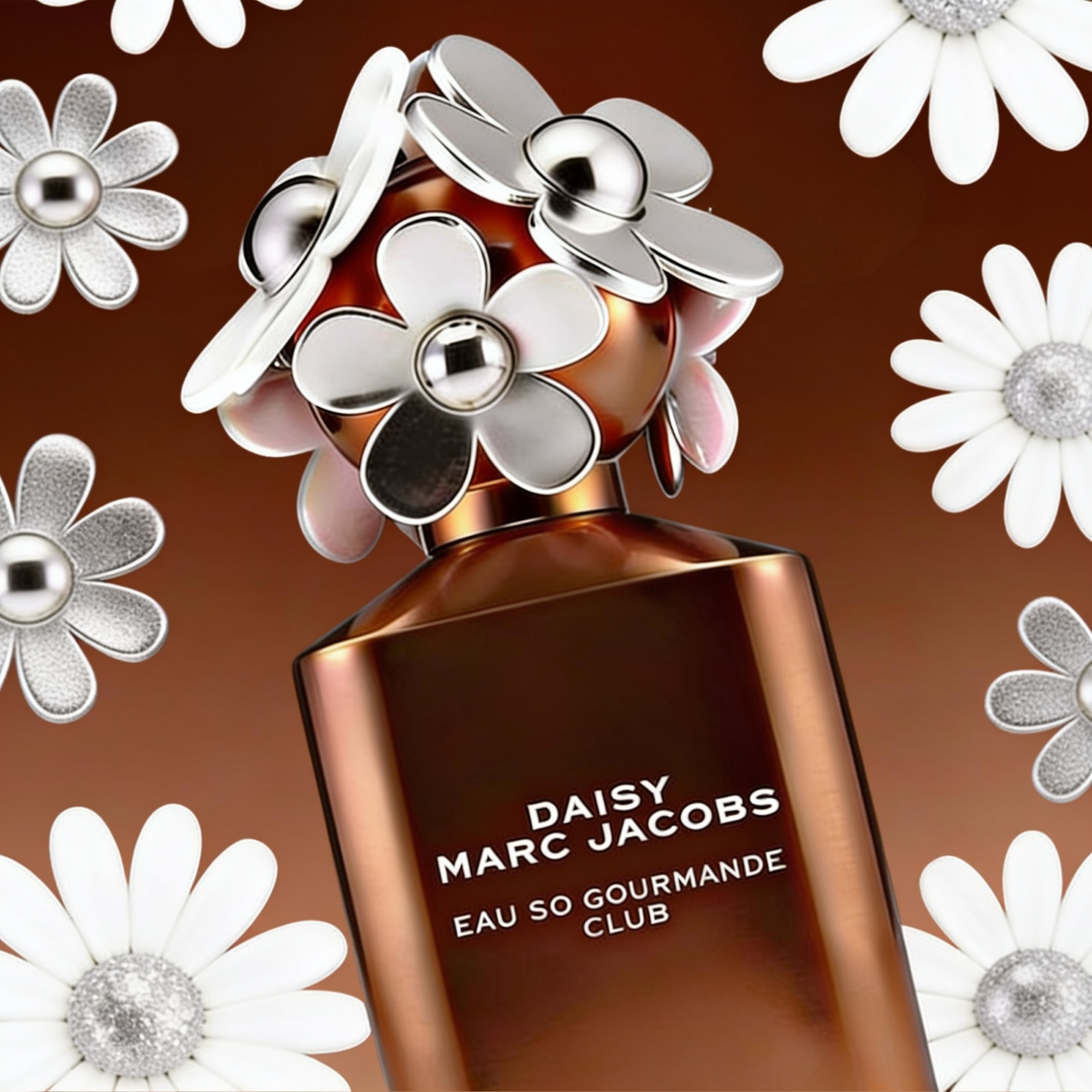 Daisy Club Eau So Gourmande by Marc Jacobs bronze bottle with silver flowers cap, surrounded by white and silver daisies, ScentLab Coffee Break trend TrendStudio Edition 2 by WSSC