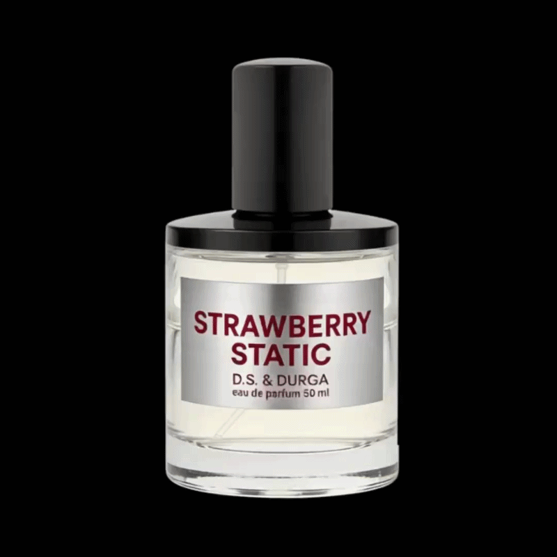 Strawberry Static by D.S. & Durga – cylindrical glass bottle with black cap and metallic label with red lettering, ScentLab prospective concept by WSSC 360 rotation animated gif
