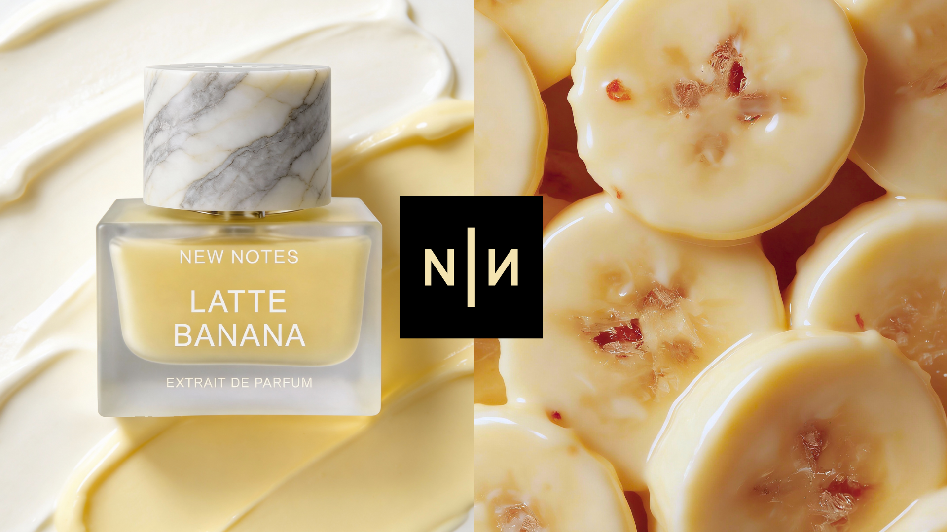 ScentLab by WSSC – Latte Banana by New Notes, Unisex Extrait de Parfum, Ambery Oriental Gourmand fragrance concept with marble-cap bottle on cream texture and banana slices drenched in condensed milk 