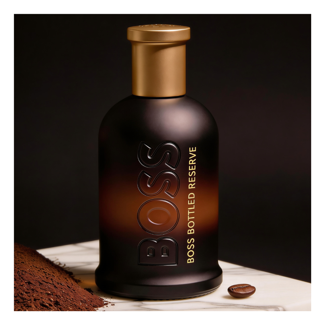 Boss Bottled Reserve by Hugo Boss packshot with ground coffee and coffee bean on marble picture with white frame, ScentLab Coffee Break trend TrendStudio Edition 2 by WSSC