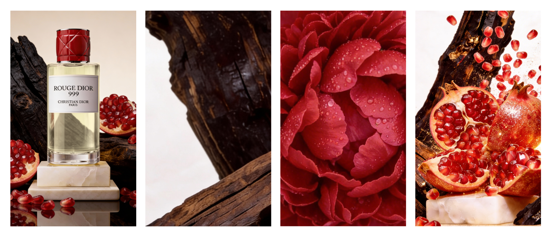 ScentLab by WSSC x Christian Dior – Rouge Dior 999 moodboard. A collage of four images: Rouge Dior 999 bottle with pomegranates, dark agarwood texture, red peony close-up, and burst pomegranate with scattered seeds