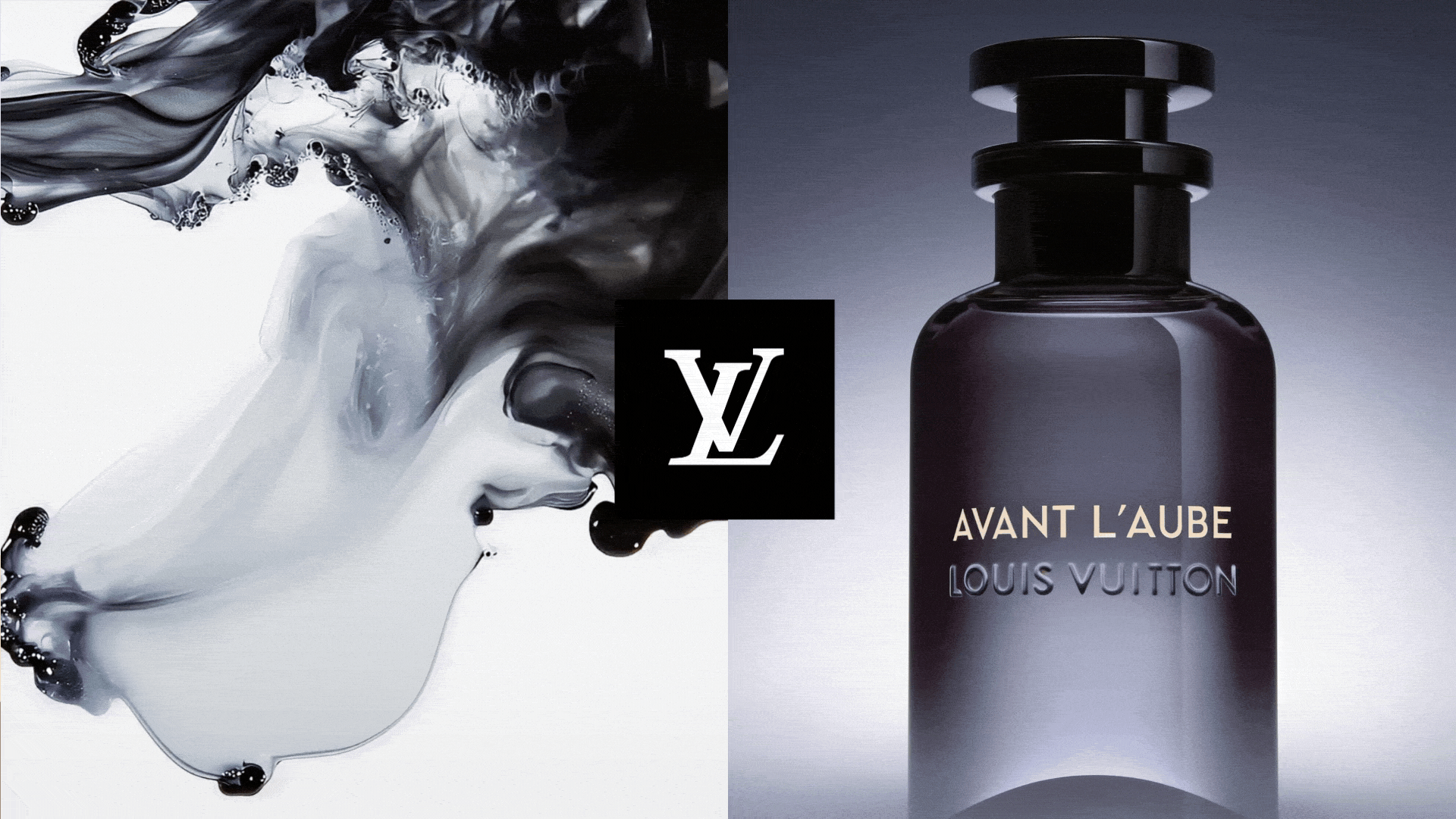 ScentLab by WSSC – Avant l'Aube by Louis Vuitton, Eau de Parfum, fragrance concept with black and white smoke effect alternating with Louis Vuitton logo and bottle packshot