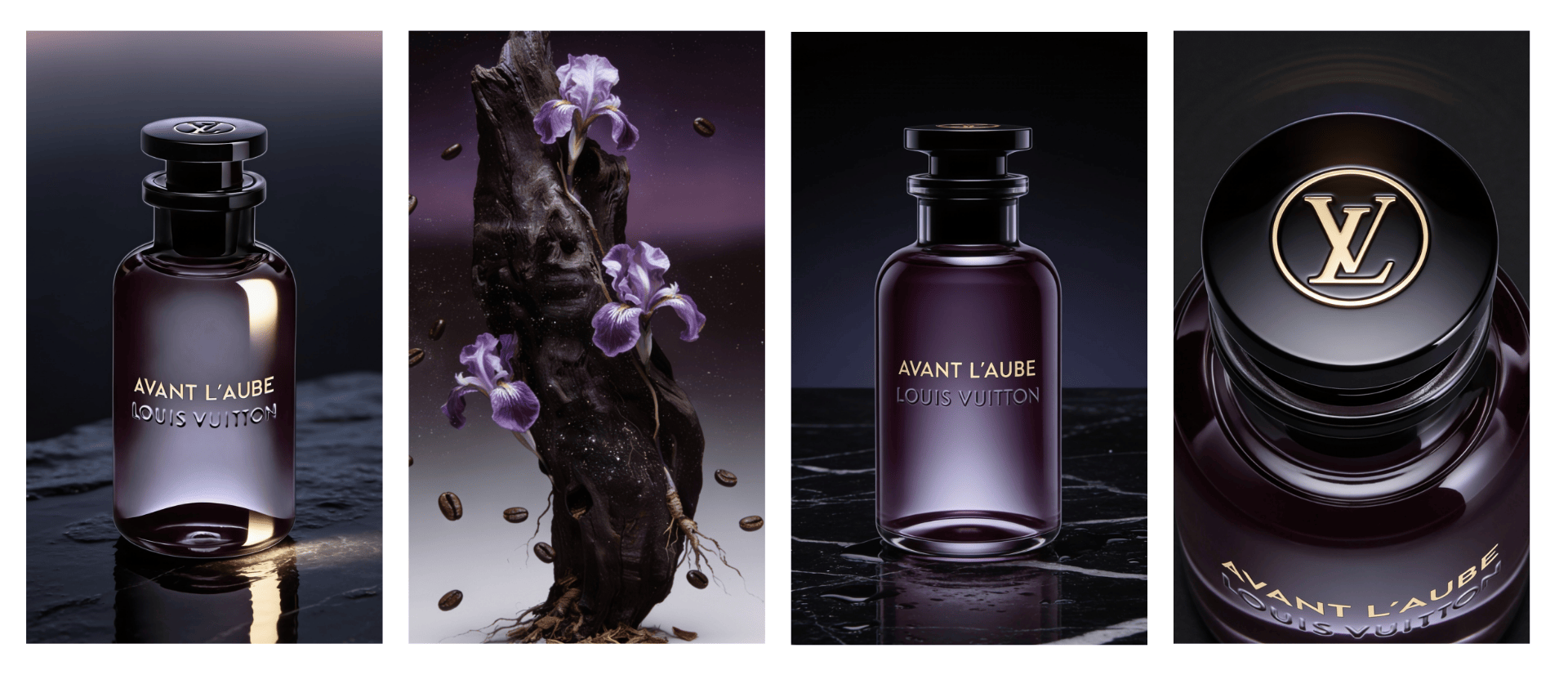 Moodboard for Avant l'Aube by Louis Vuitton – bottle, iris flowers, coffee beans, black marble, LV monogram details,purple iris flower close up, bottle in the mist ScentLab Coffee Break trend TrendStudio Edition 2 by WSSC