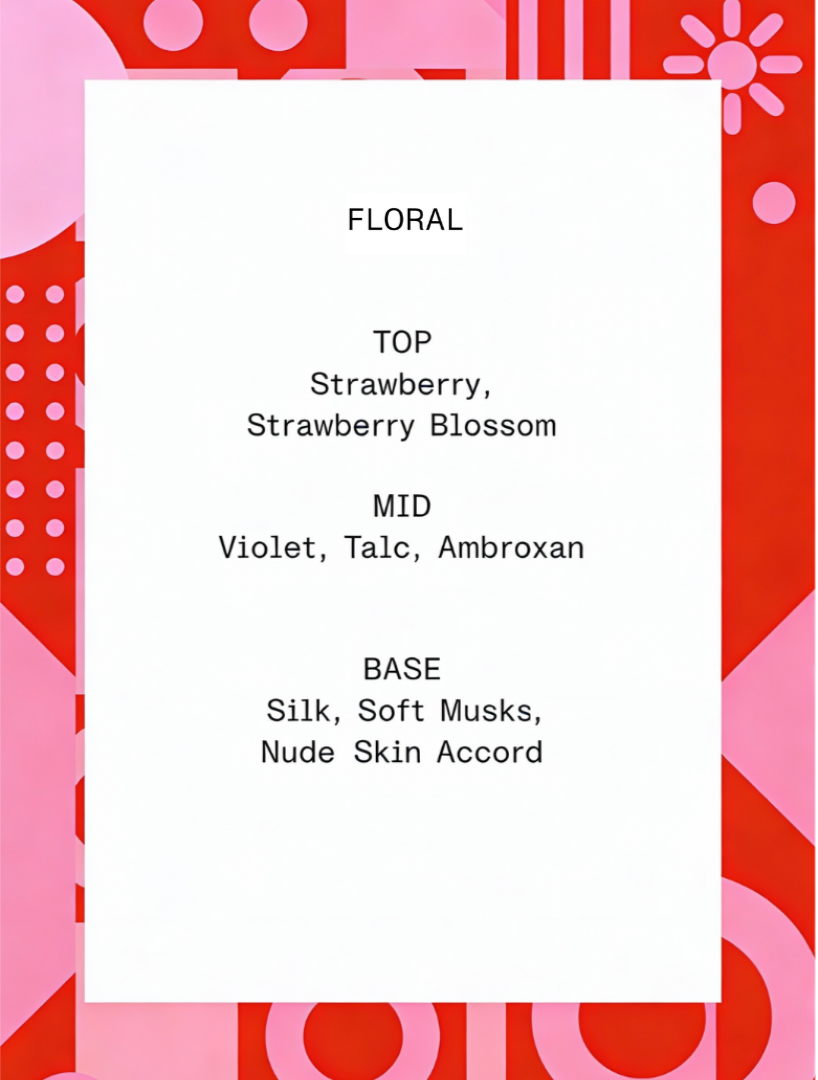 Strawberry Nude by & Other Stories – olfactory pyramid card with red and pink graphic pattern, featuring Top, Mid and Base notes, ScentLab prospective concept by WSSC