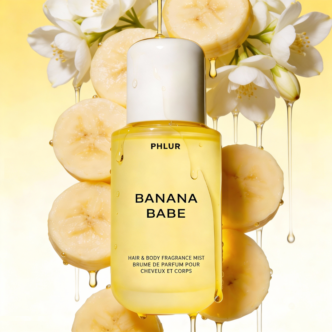 Banana Babe by Phlur – yellow bottle with white cap surrounded by banana slices, white flowers and honey drops on yellow background, ScentLab prospective concept by WSSC