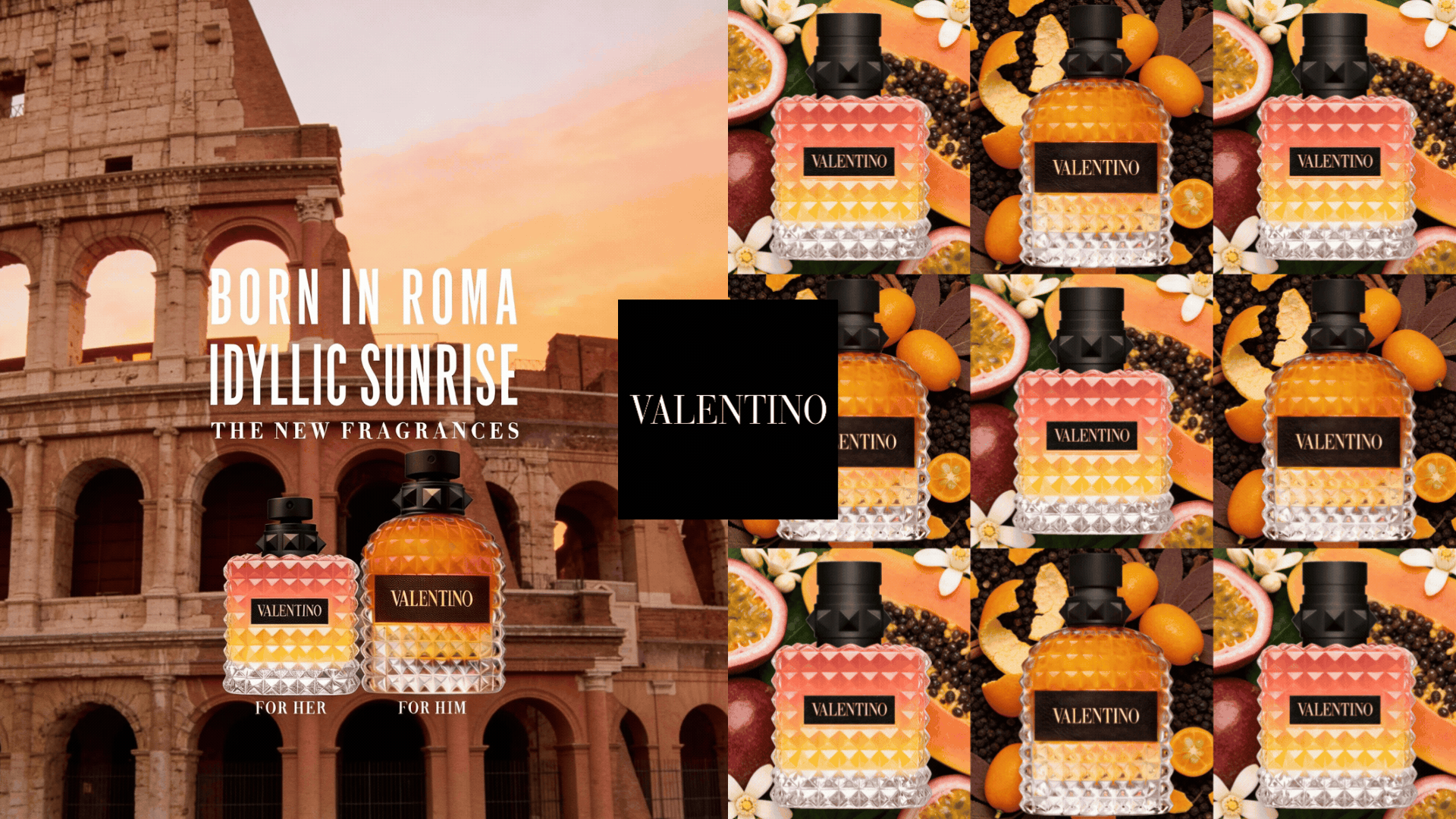 ScentLab by WSSC – Born in Roma Idyllic Sunrise by Valentino, Eau de Parfum for Women and Eau de Toilette for Men, Floral Fruity and Citrus Spicy fragrance concept set against the Colosseum at sunrise