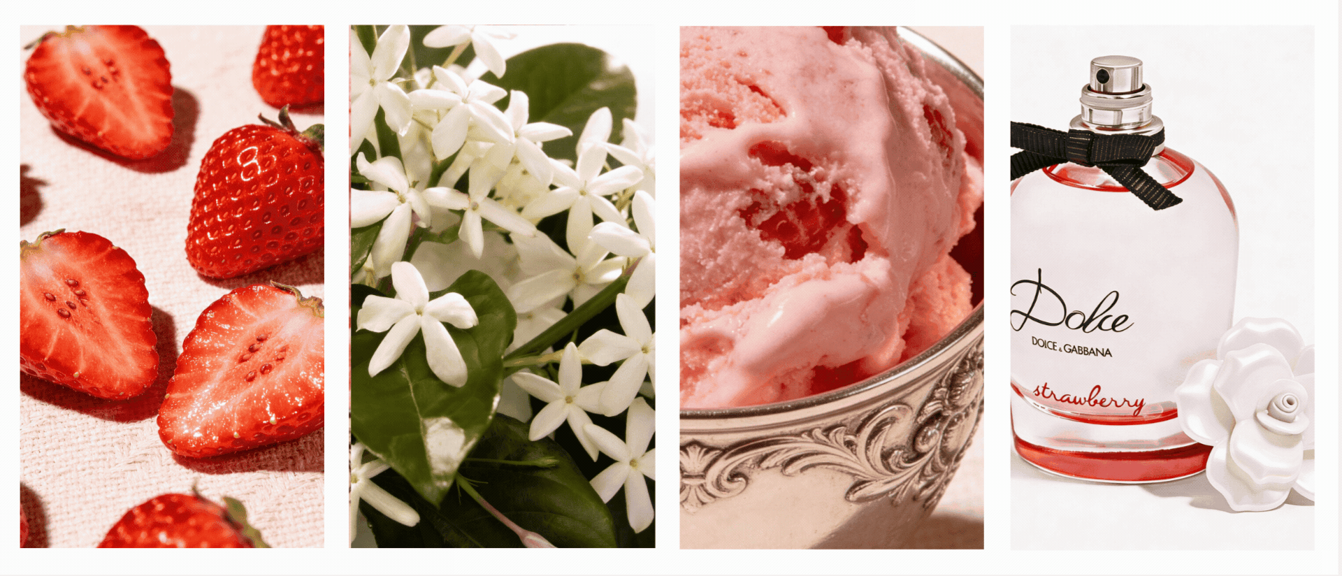 ScentLab by WSSC x Dolce & Gabbana – Dolce Strawberry animated moodboard. A collage of four images: fresh sliced strawberries, white jasmine flowers, pink strawberry gelato in an elegant silver bowl, and perfume bottle with iridescent flower cap