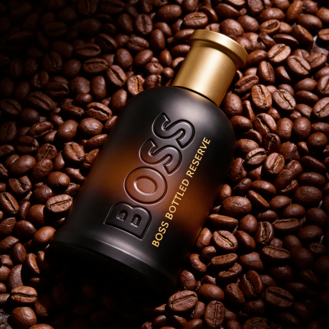 Boss Bottled Reserve by Hugo Boss bottle on coffee beans with campaign visual, ScentLab Coffee Break trend TrendStudio Edition 2 by WSSC