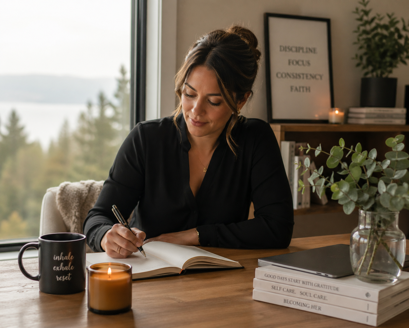 A woman writing in a notebook at a wooden table, with books, a candle, a mug, and a plant nearby, near a window showing a nature view.