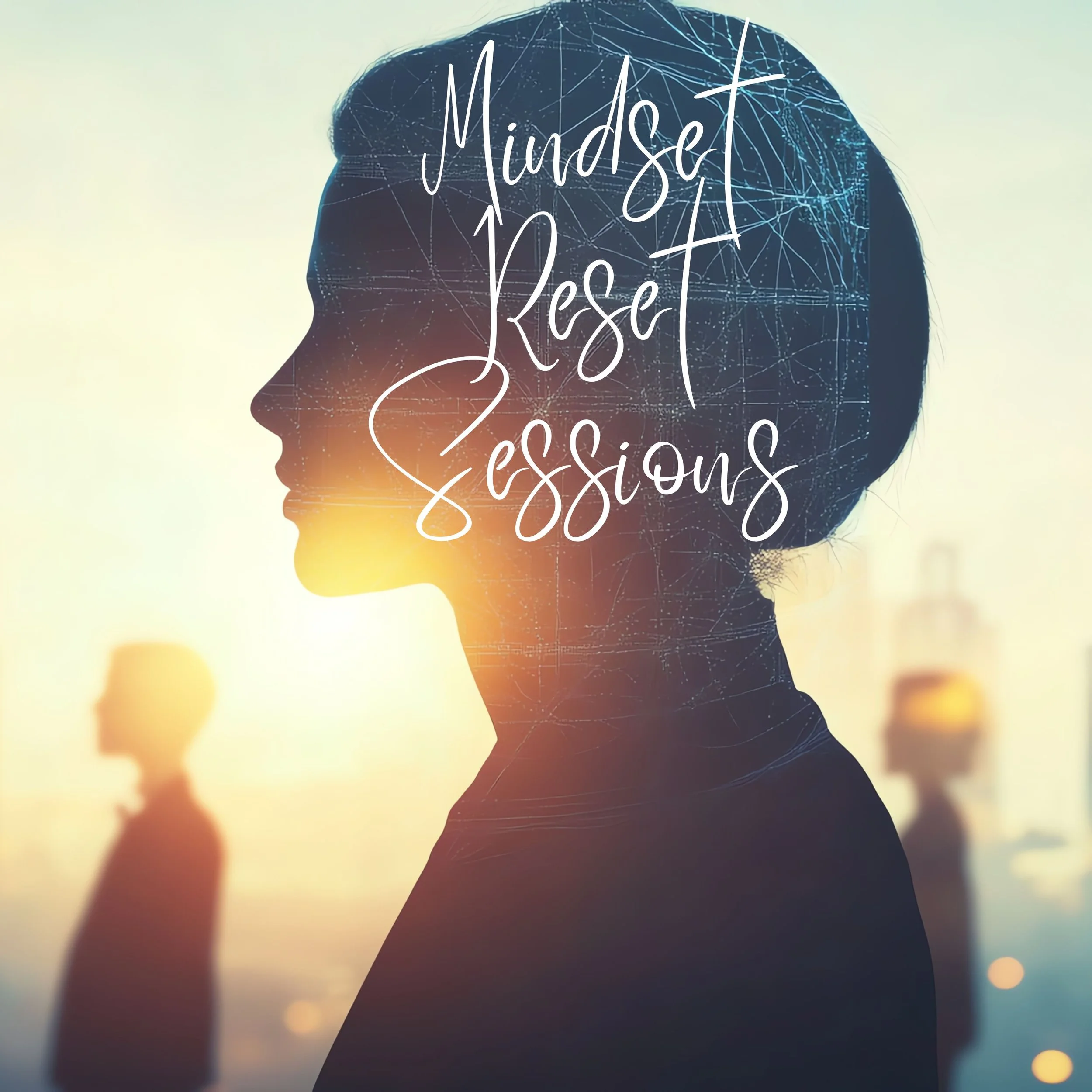 Silhouette of a person's side profile against a sunset, with interconnected digital lines overlaid on the head, and the phrase 'Mindset & Education' written in cursive across the image.