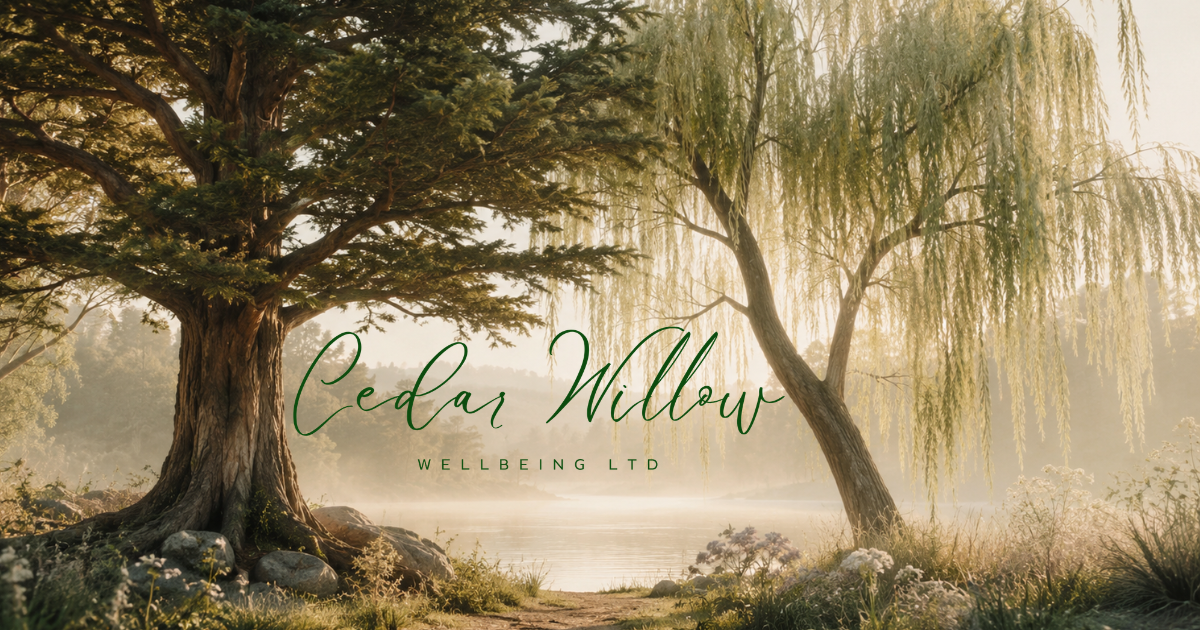 A serene landscape with a large tree and a willow tree near a body of water with mist. Text overlay reads "Cedar Willow Wellbeing Ltd."