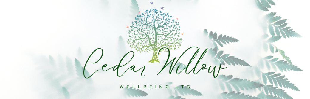 Logo for Cedar Willow Wellbeing Ltd with a stylized green tree and falling leaves in the background.