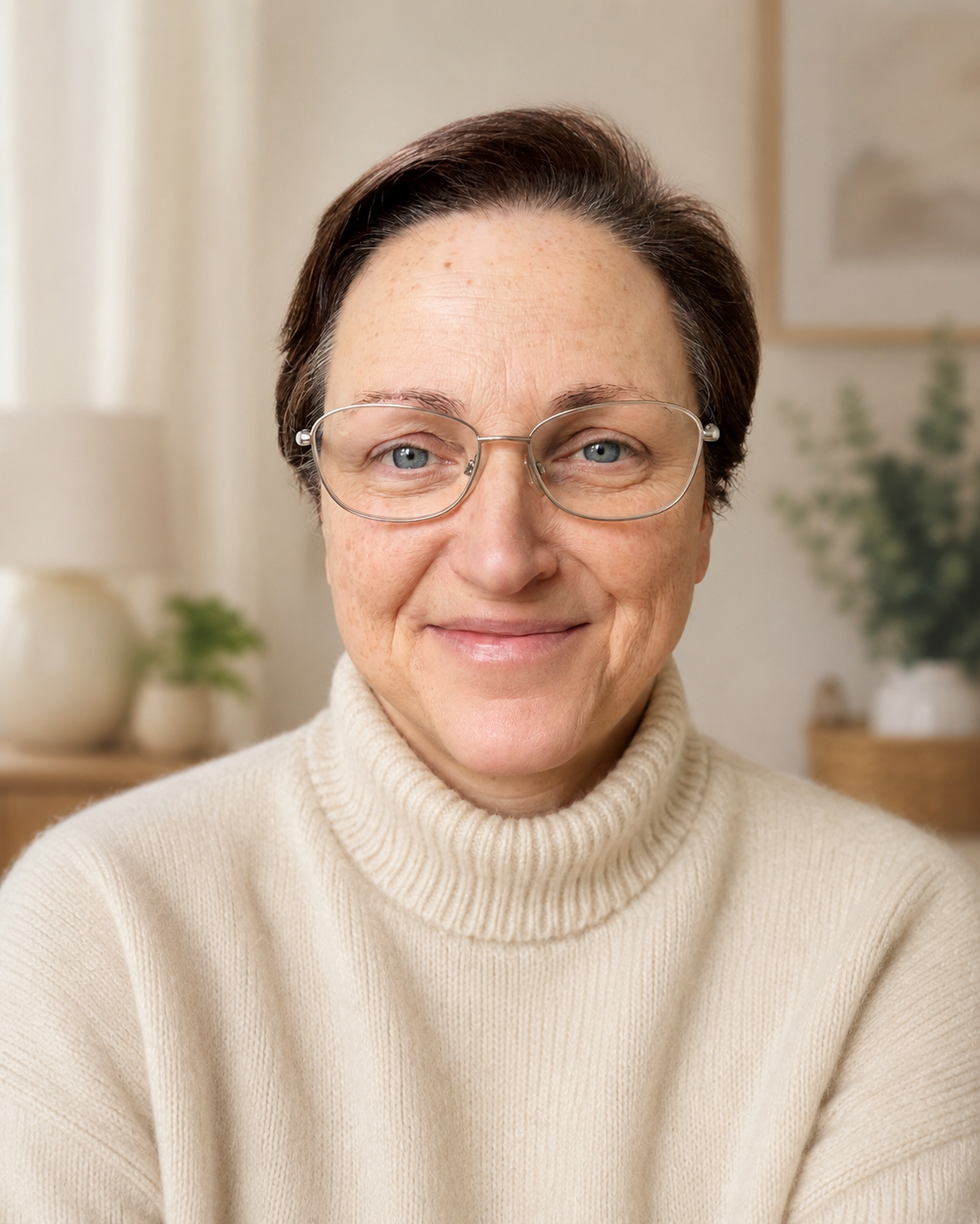 A middle-aged woman with short dark hair, glasses, and a beige turtleneck sweater, smiling indoors with a blurred background of houseplants and framed art.