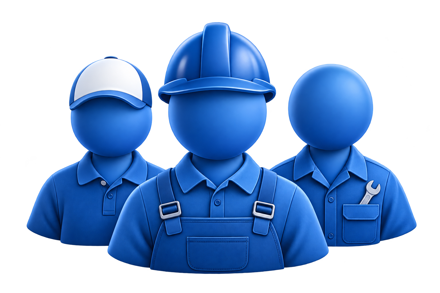 Three stylized blue figures representing workers, each wearing a safety cap and uniform, with one having a wrench in pocket, symbolizing a team of maintenance or construction workers.