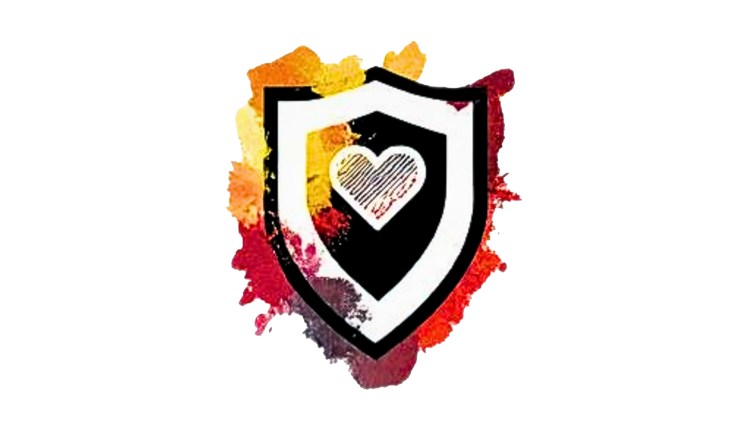 A black shield with a white heart in the center, surrounded by colorful flower petals in shades of red, yellow, orange, and purple.