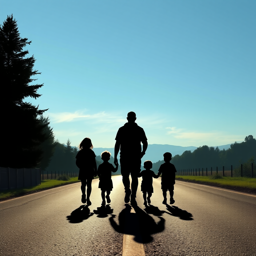 Silhouette of a man walking with four children on a road during sunset or sunrise, with mountains and trees in the background.