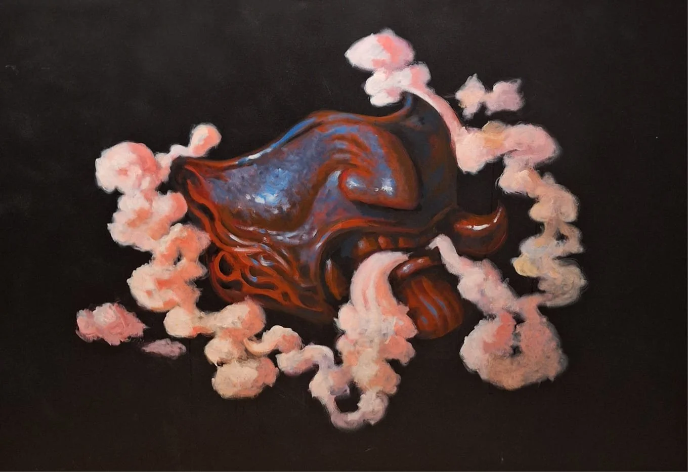 Title: Ethereal Breath
Medium: Acrylic on Canvas

In this striking continuation of the Ethereal Breath series, the familiar motif of vapor and release takes on a darker, more enigmatic form. A sculpted mask — half-human, half-mythic — exhales tendril