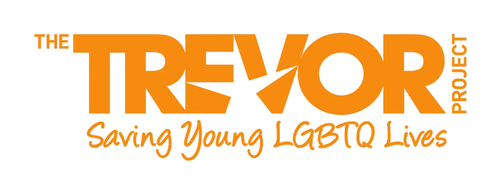 Logo for the Trevor Project with orange text reading 'The Trevor Project' and the tagline 'Saving Young LGBTQ Lives' in orange handwritten-style font.