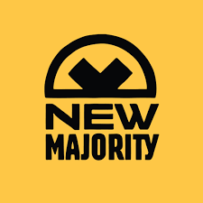 Logo with a black stylized face and the words 'New Majority' on a yellow background.