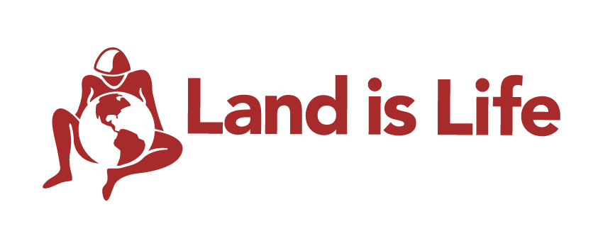 Illustration of a person with long hair sitting with legs crossed, holding a globe, next to the text 'Land is Life' in bold letters.