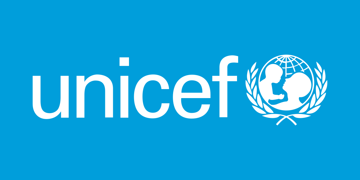 UNICEF logo with the word 'unicef' and a globe surrounded by children in profile, set against a blue background.