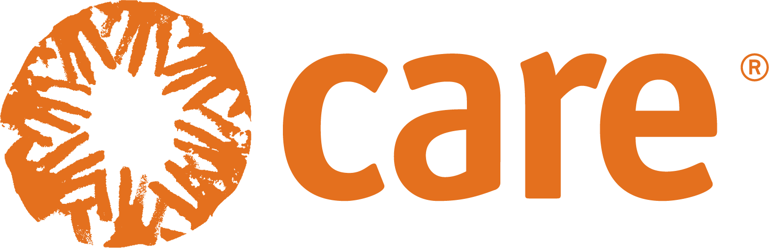 Logo of the organization CARE featuring a stylized orange circle with black markings and the word 'care' next to it.