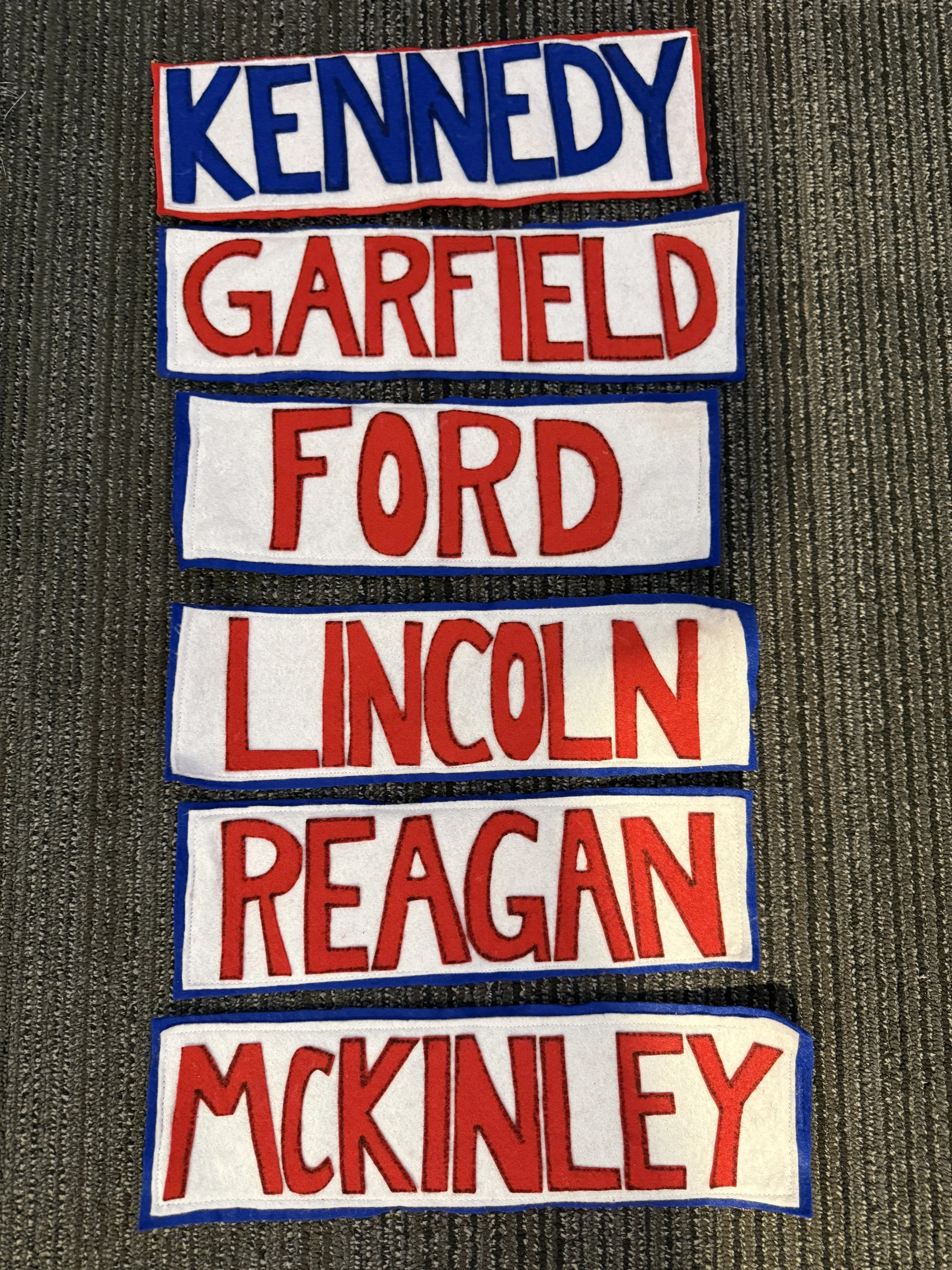 I designed these patches with a velcro backing so they could be switched out between the two presidential blazers we painted 