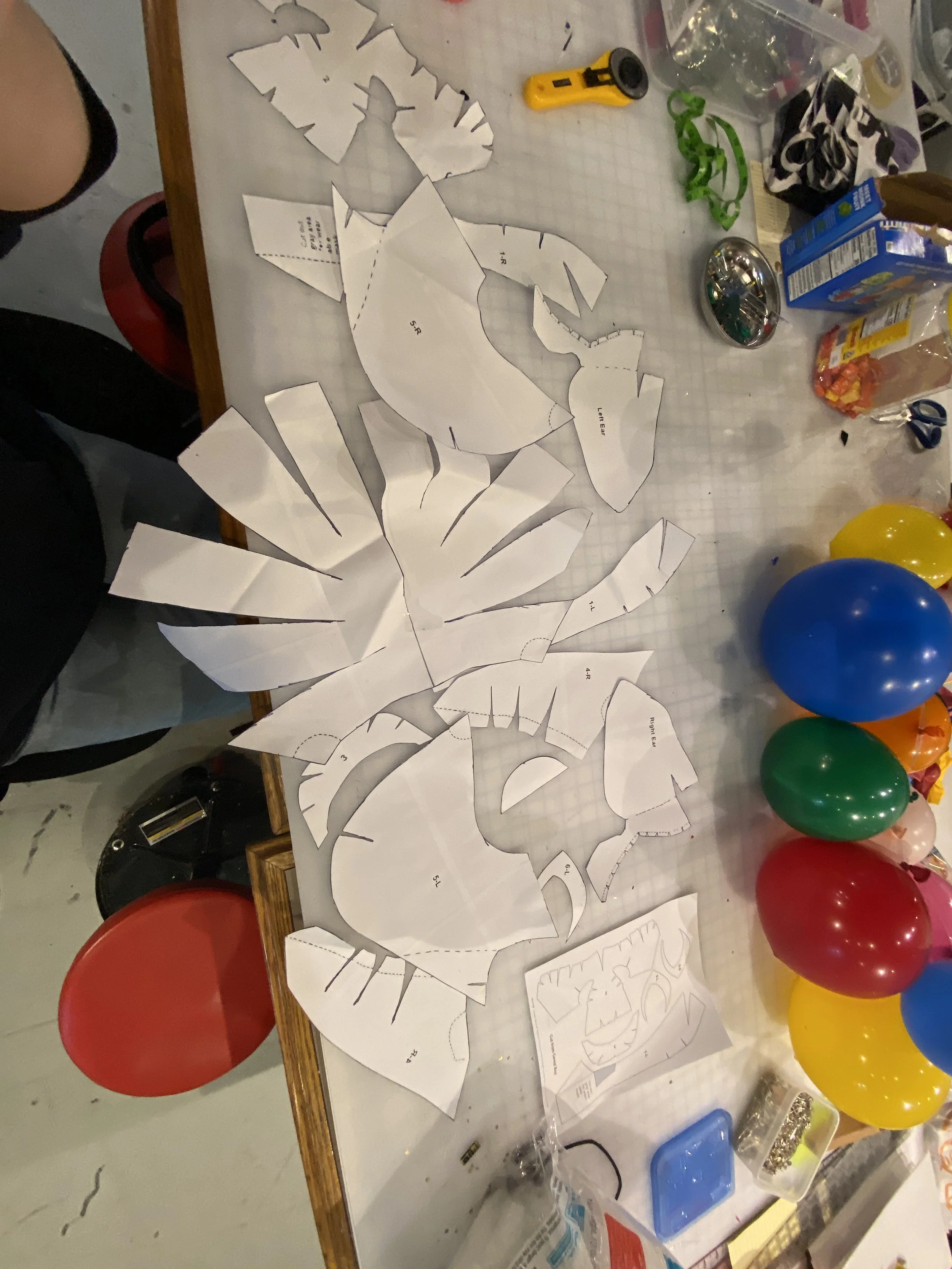 The original pattern for the mask, which I used to cut out the cow print fabric for its "skin"