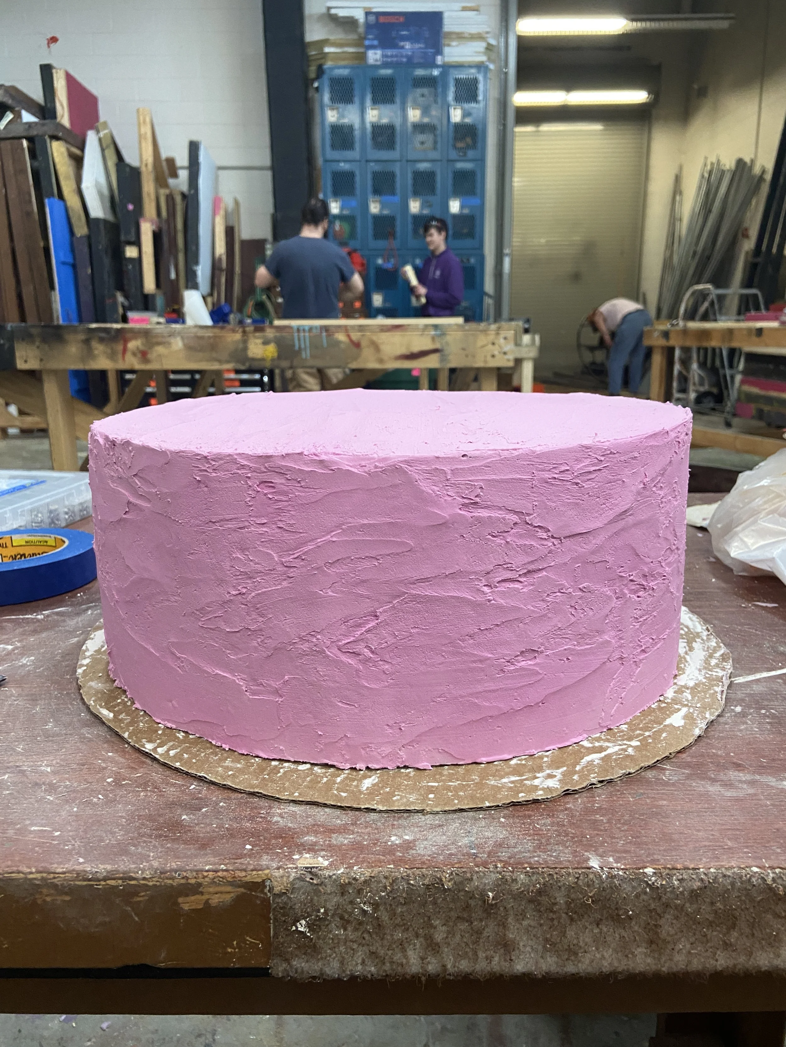 Base of cake made with layered foam, then spackled over