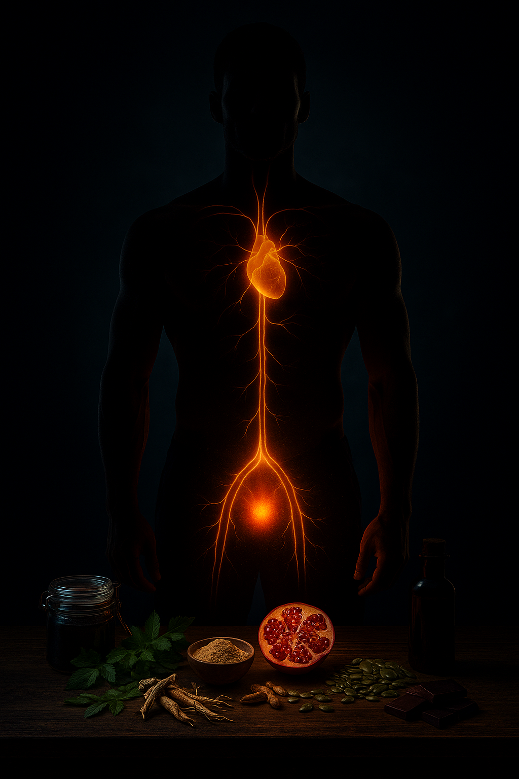 A human silhouette with a glowing illustration of the heart and digestive system, surrounded by various natural herbs and seeds on a table.