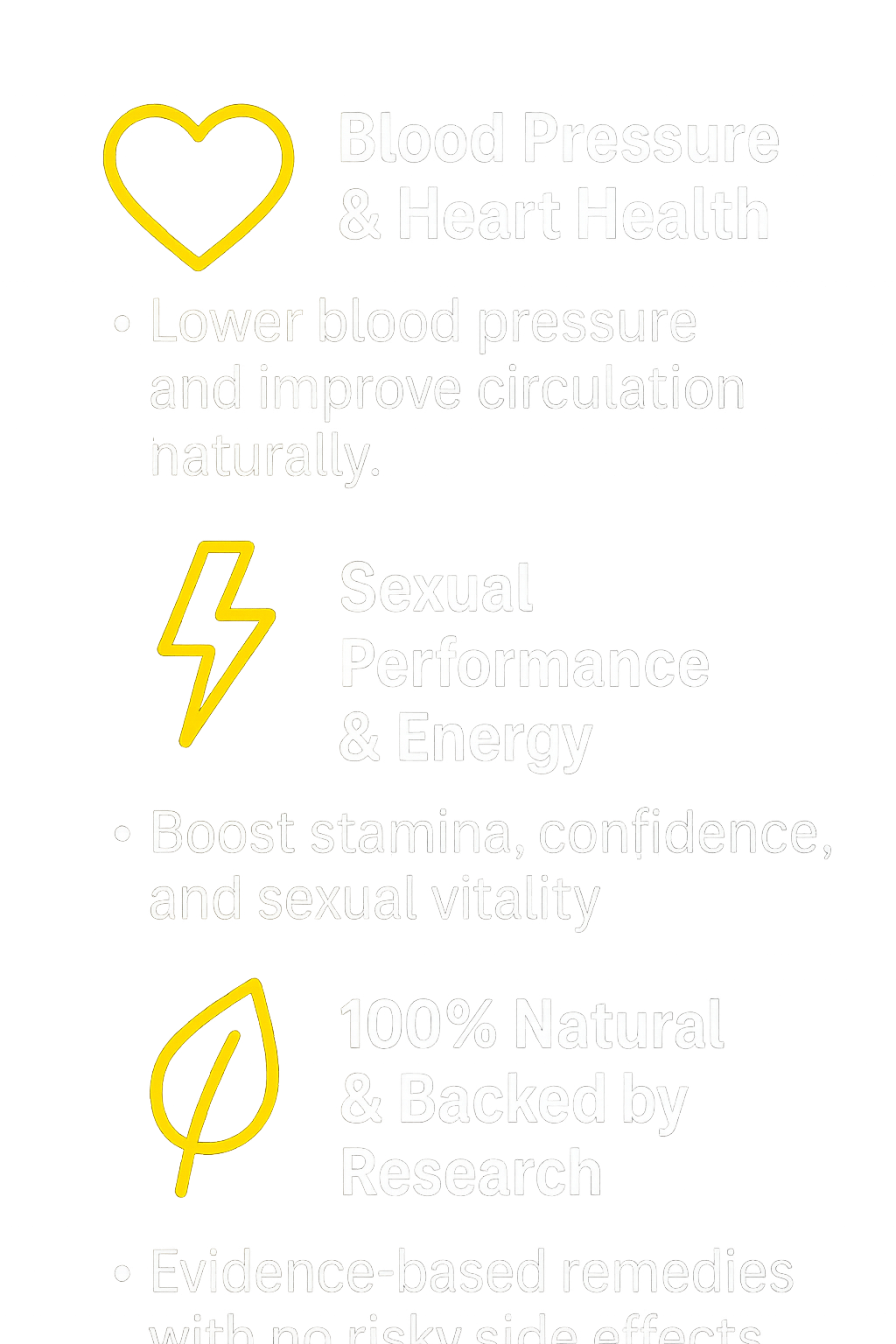 A black background infographic with yellow and white text, featuring a heart, lightning bolt, and droplet icons. The infographic highlights health benefits of natural remedies, including blood pressure regulation, sexual performance, energy, and research-backed, safe, effective solutions.