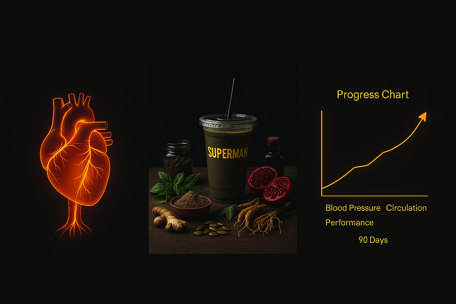 A digital illustration showing a glowing outline of a human heart on the left, a photo of a health supplement called Superman in the center with various natural ingredients around it, and a yellow line graph on the right labeled Progress Chart indicating positive growth over 90 days in blood pressure, circulation, and performance.