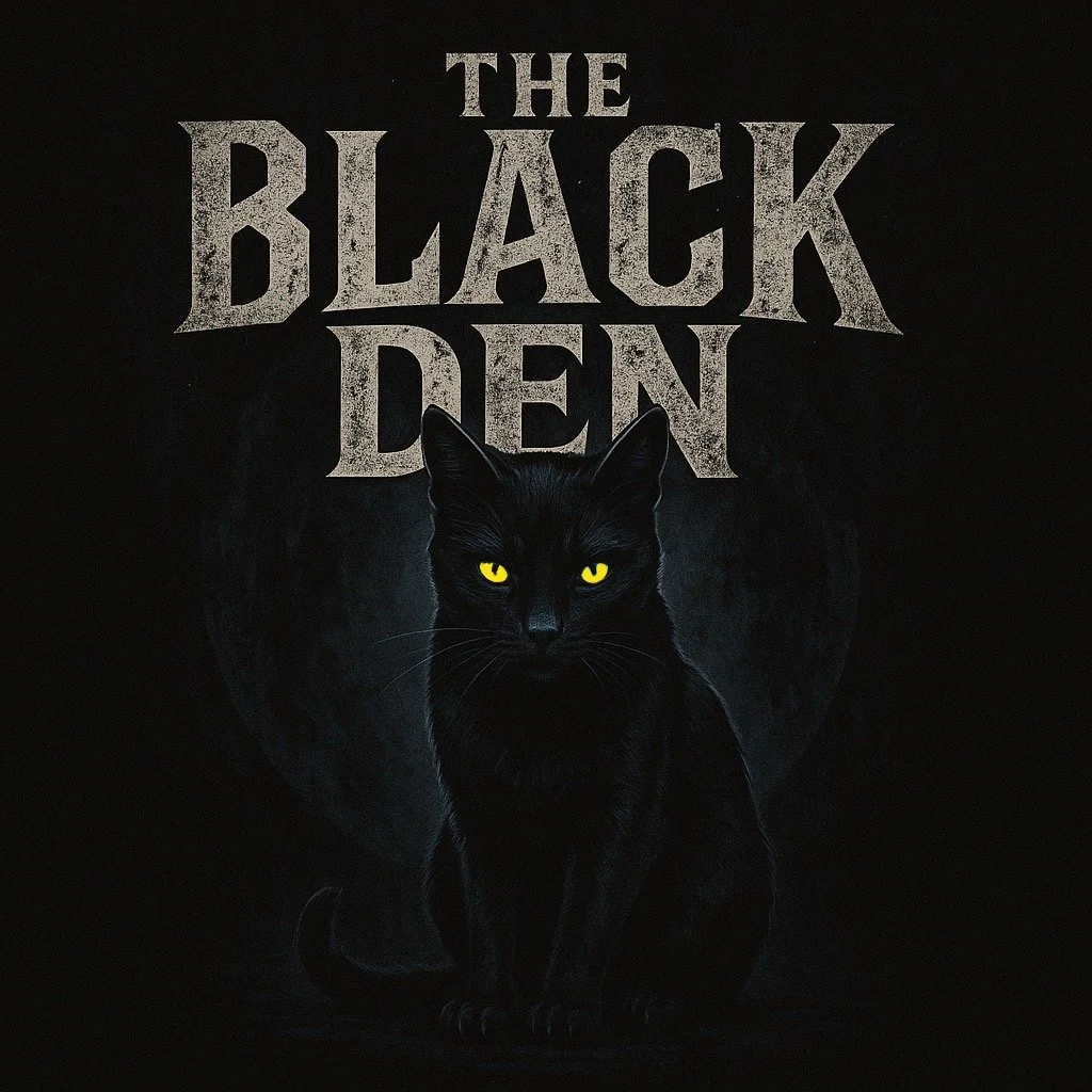 A black cat with yellow eyes in front of a dark background with the text 'The Black Den' and a shadowed circle on the wall behind it.