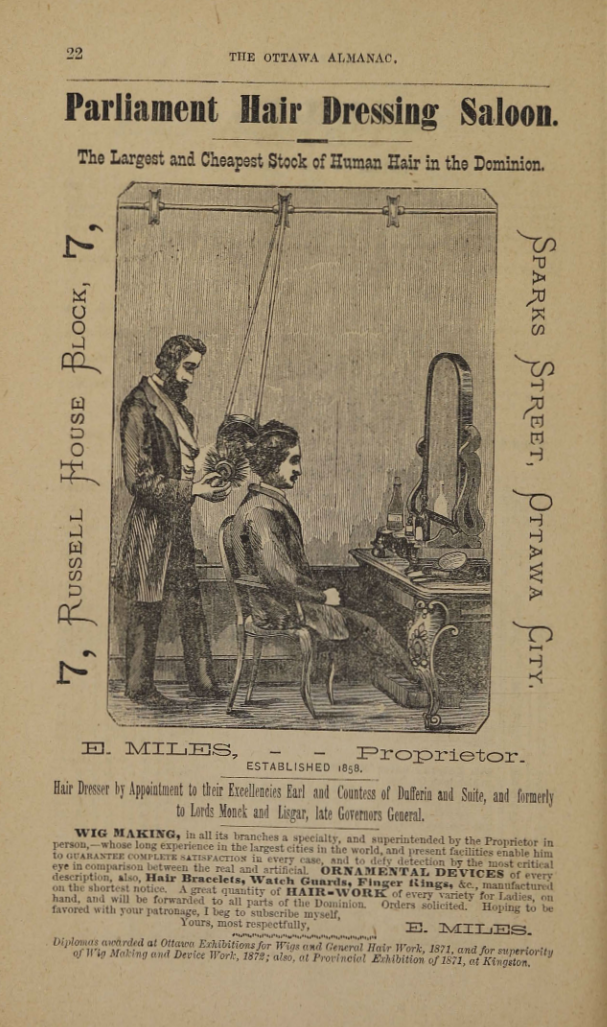 1875 Ad for the Parliament Hair Dressing Saloon - E. Miles, Proprietor