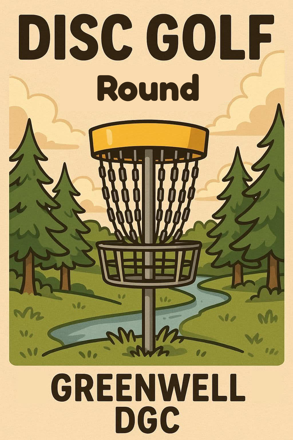 Illustration of a disc golf basket on a grassy area with trees, a small stream, and clouds in the background. Text reads 'Disc Golf Round Greenwell DGC'.