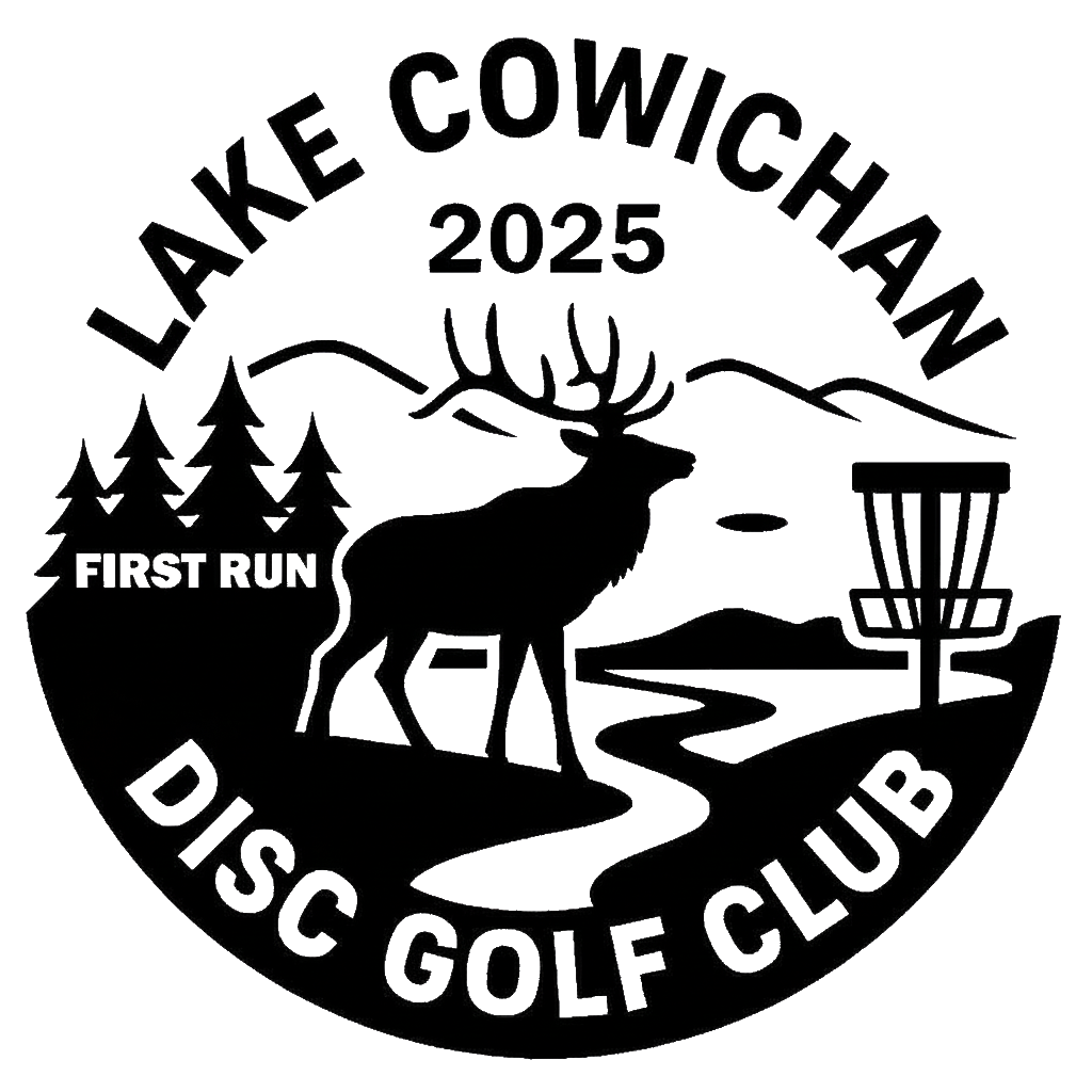 Logo for Lake Cowichan Disc Golf Club featuring a mountain landscape, trees, a lake, a deer with antlers, and a disc golf basket, with the text "Lake Cowichan 2025 First Run Disc Golf Club."