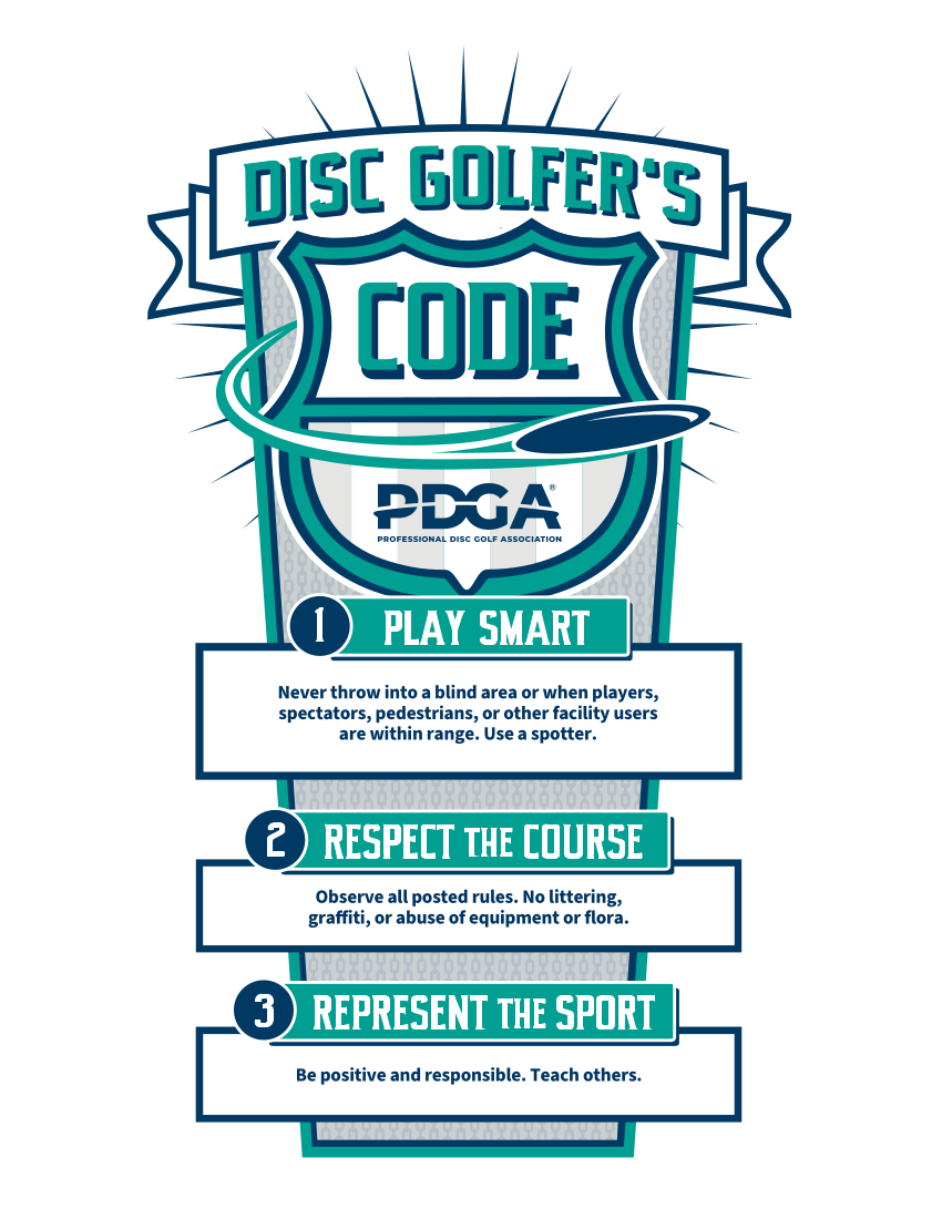 Discgolf's Code poster from PDGA with tips: Play smart, respect the course, and represent the sport, featuring a shield design with disc golf imagery.