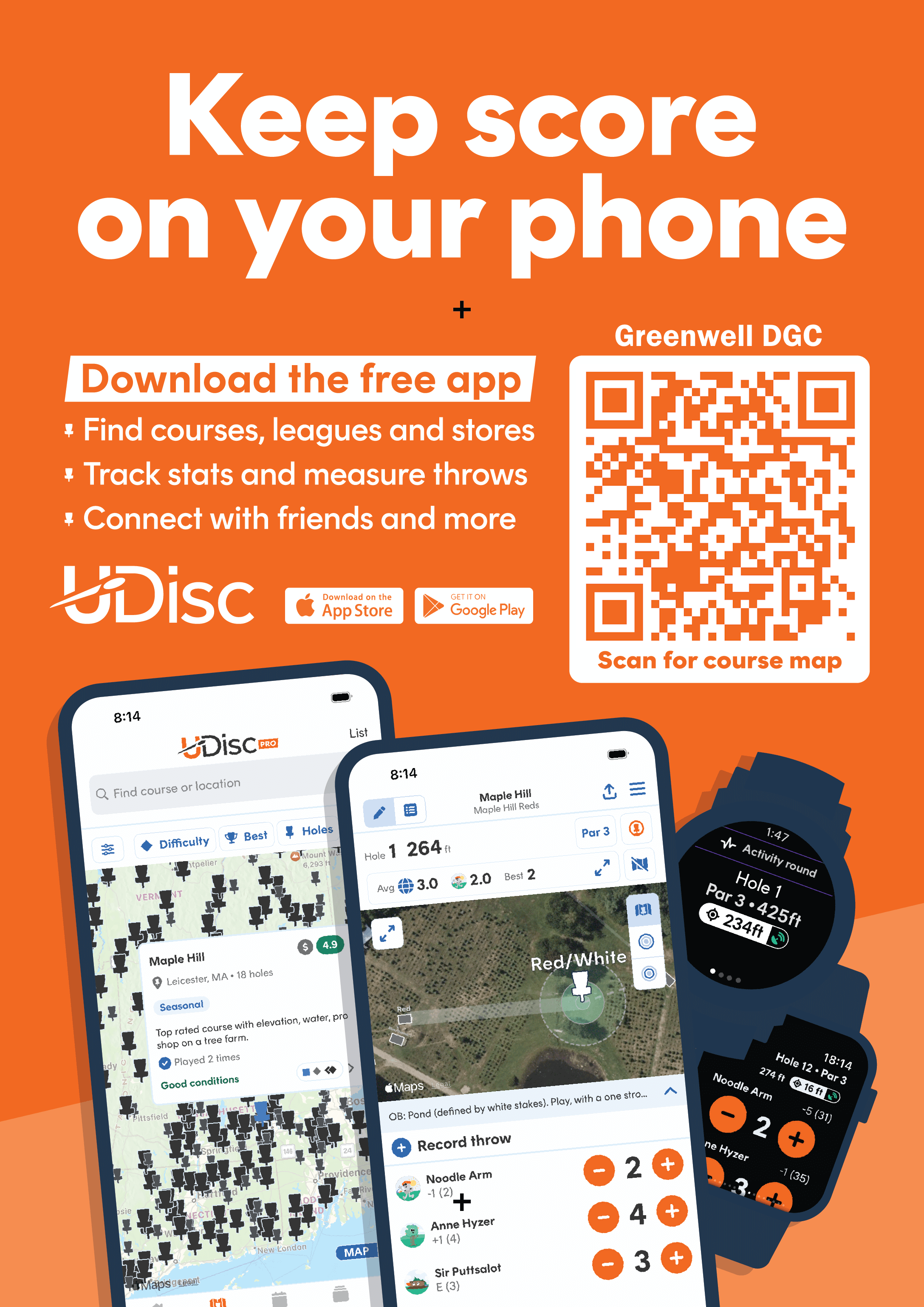 An advertisement for the UDisc app promoting keeping score on your phone, featuring QR code for course map, app store and Google Play logos, and images of mobile devices displaying golf score tracking and course maps.