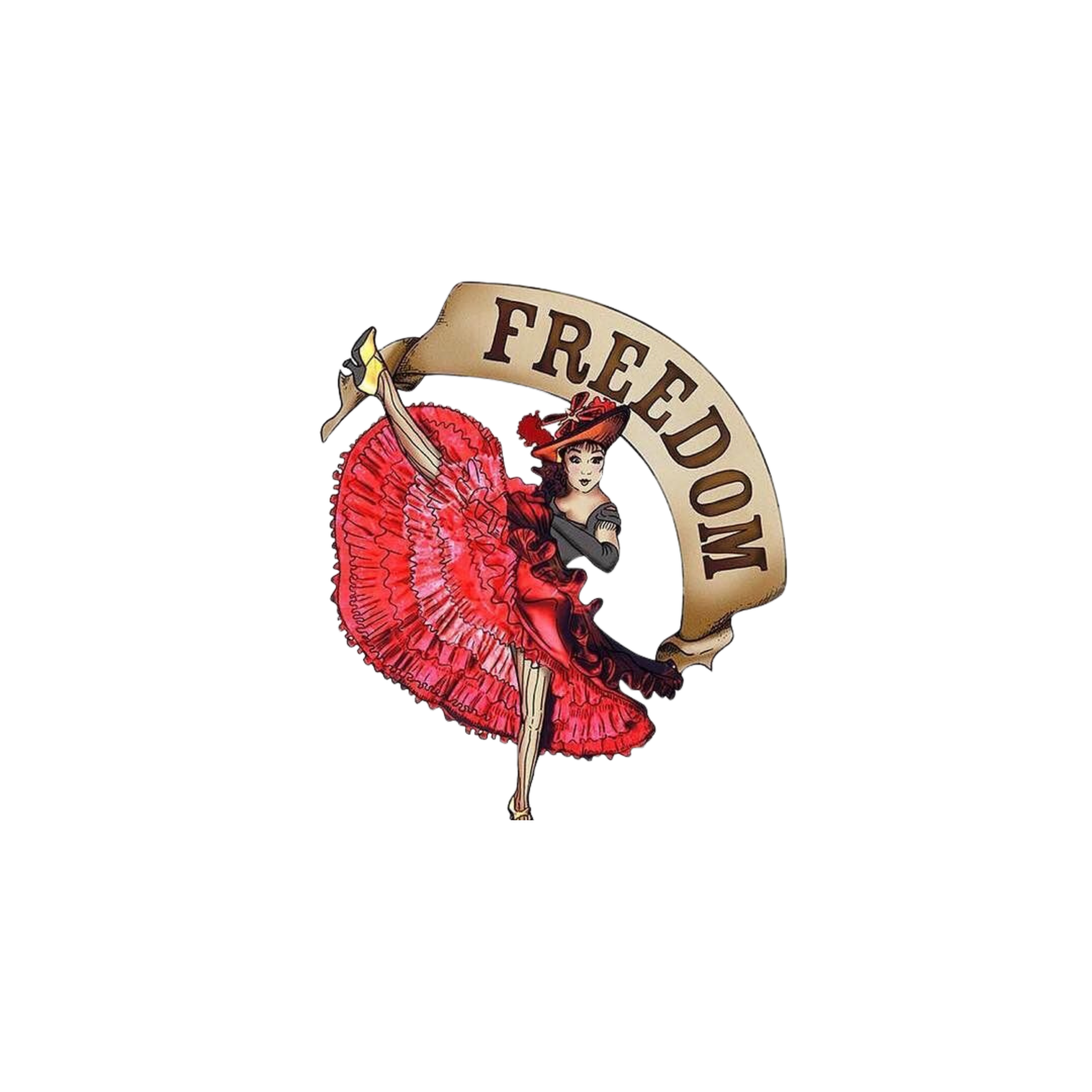 A cartoon woman dressed in a red dress and hat holding a large fan, with a banner above her reading 'FREEDOM'.