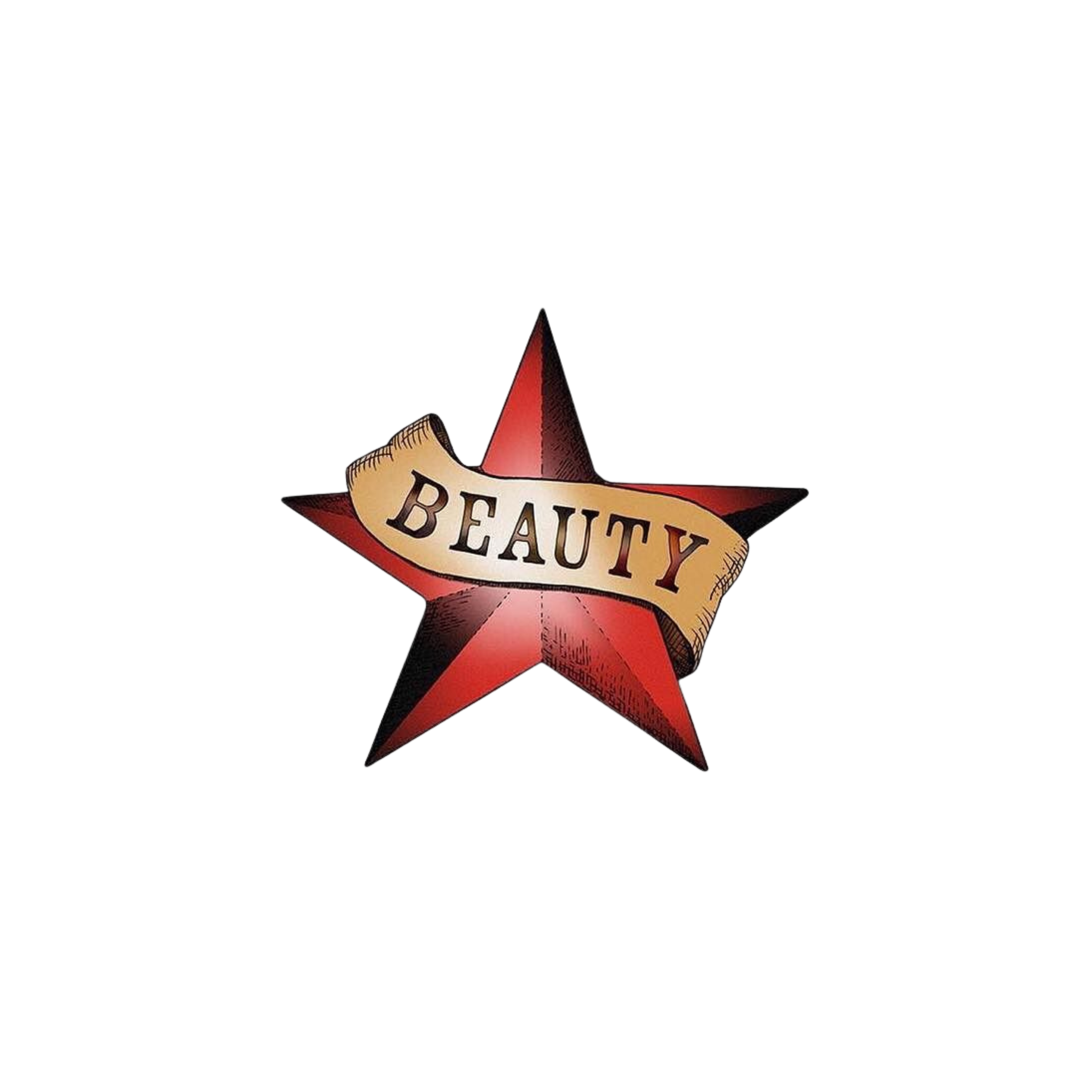 A red star with a beige banner across it bearing the word 'BEAUTY' in black letters.