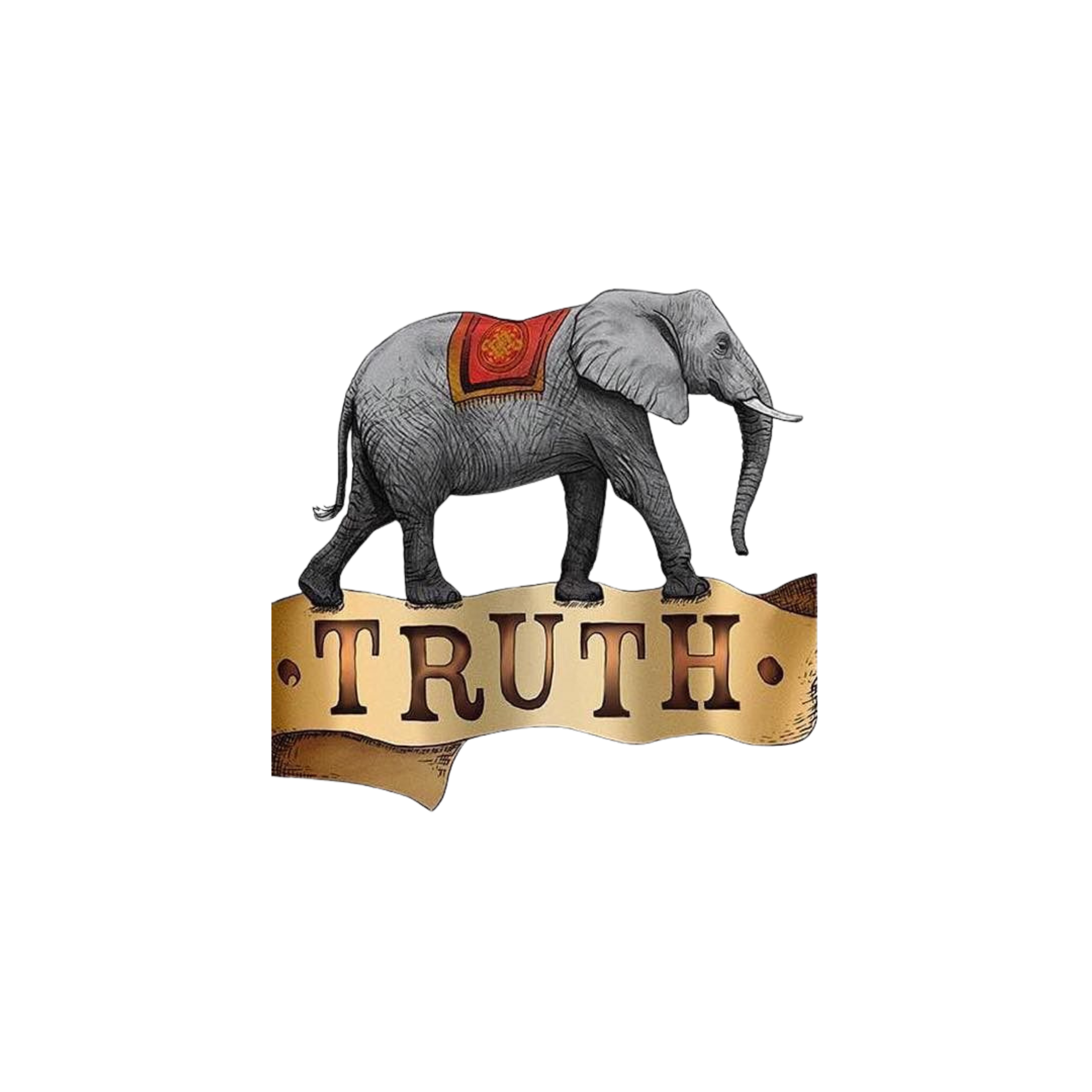 An illustration of an elephant with a red and gold blanket on its back, standing on a banner with the word 'TRUTH' written on it.