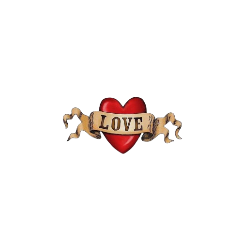 A red heart with a banner across it that says "LOVE".