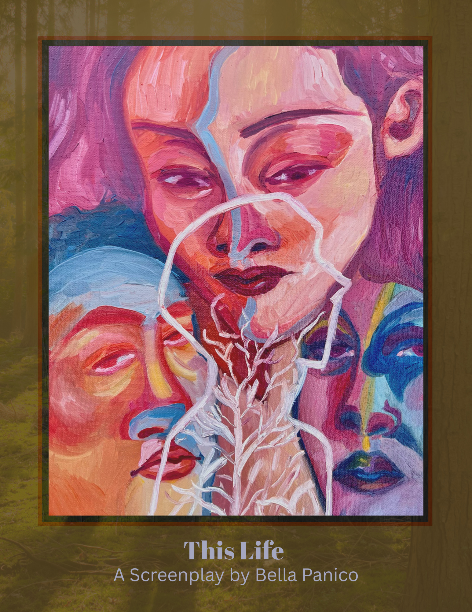 An abstract, colorful painting of four faces with intertwined white lines resembling roots, titled 'This Life' by Bella Panico.