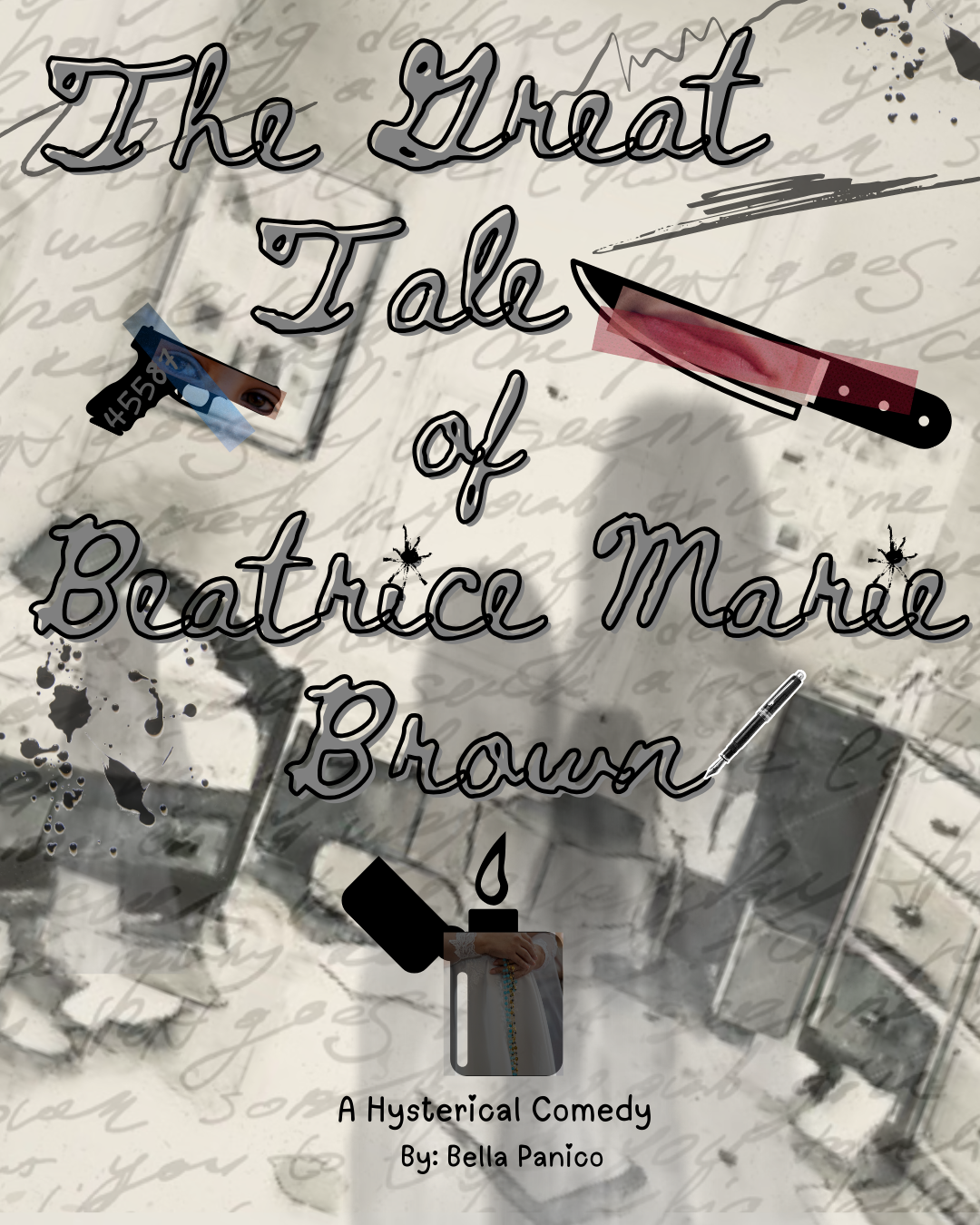 Book cover titled "The Great Tale of Beatrice Marie Brown" with a background of handwritten text, a large chef's knife, a pen, a lighter, and images of a woman with a tattoo.