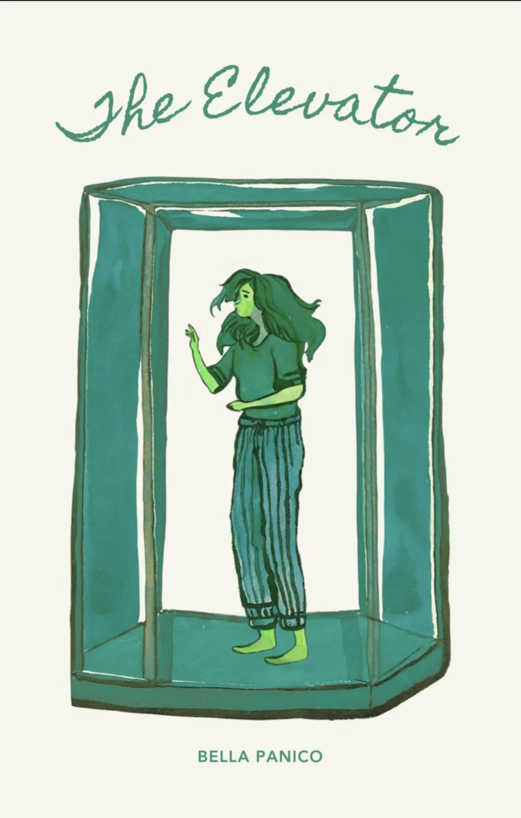 Poster illustration showing a woman with green skin and green hair standing inside a teal elevator. The text at the top reads 'The Elevator' and at the bottom 'Bella Panico'.