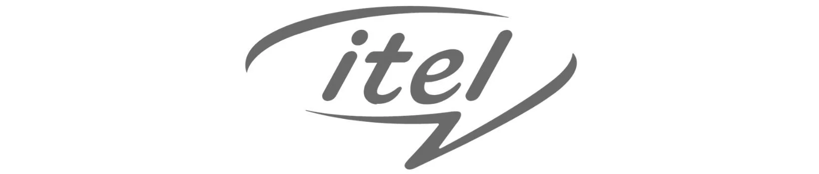 Gray logo with the word 'itel' in stylized font, accompanied by a swoosh design.