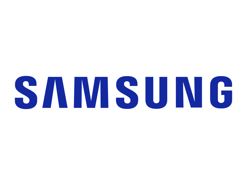 The Samsung logo in blue text on a white background.