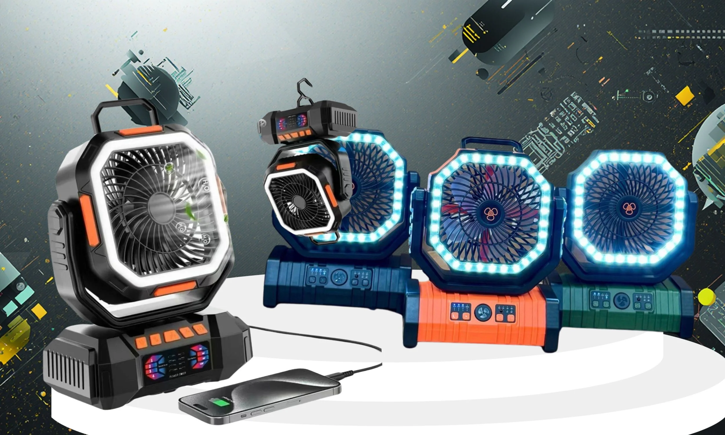Three portable electric fans in yellow and green colors against a futuristic cityscape background.