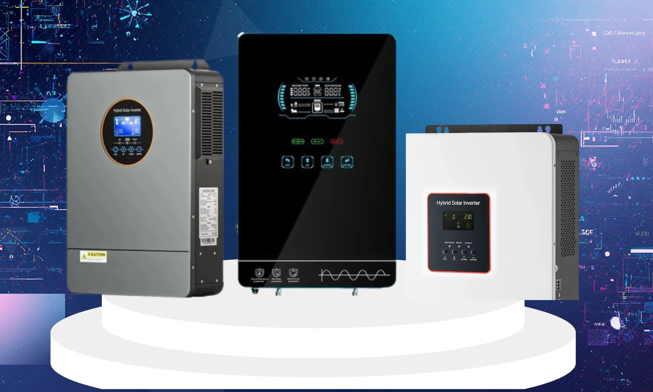 Three different types of solar inverters displayed on white platform with digital background.